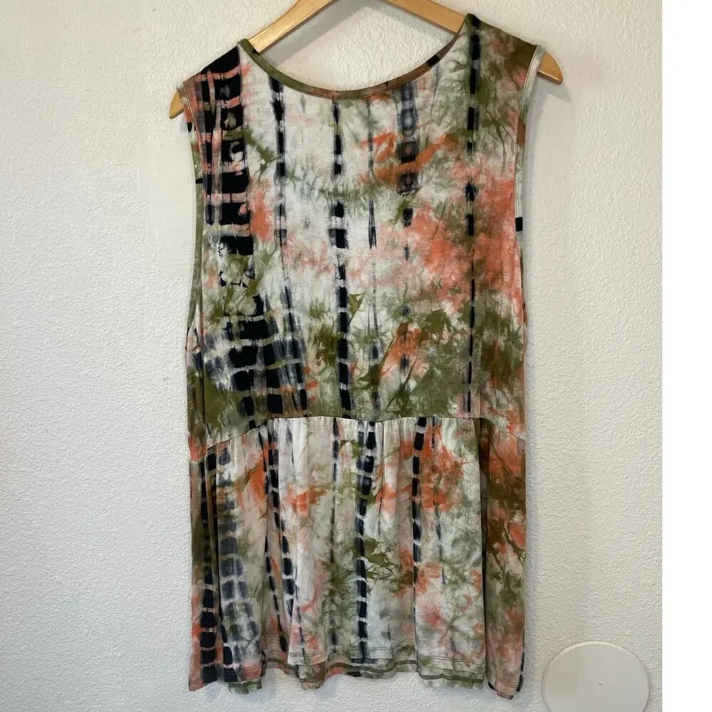 Coin 1804 Boho Tie Dye Orange & Green Sleeveless Relaxed Fit Peplum Top Size 2X